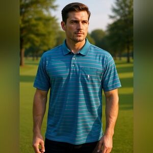 Polo Golf Ralph Lauren Teal Blue and Pink Striped Polo Shirt Size Large